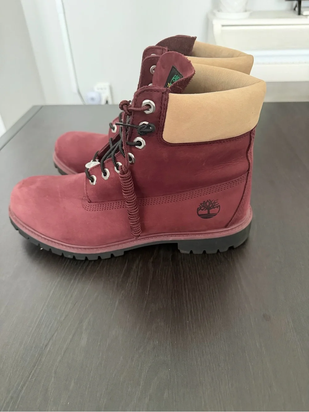 Timberland Maroon Nubuck Boots with Tan Collar